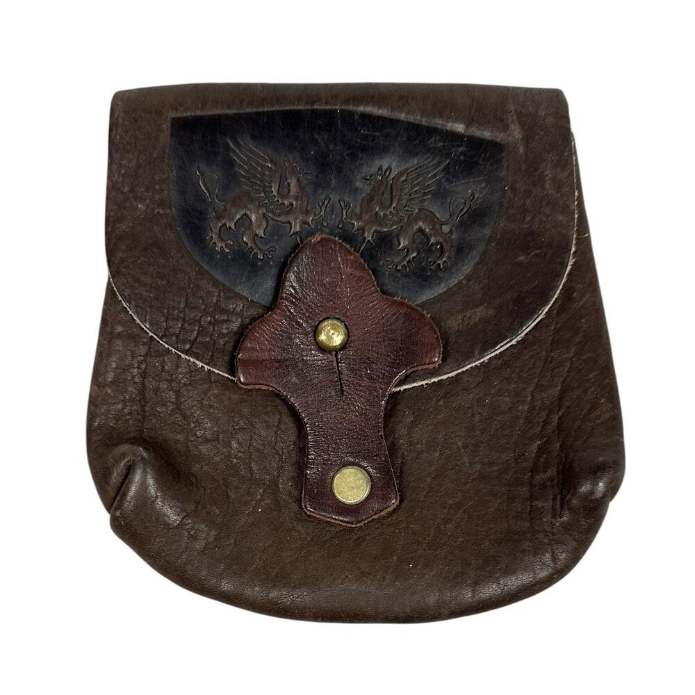 Vintage Handmade Brown Black Leather Mythical Embossed Winged Griffin Belt Pouch